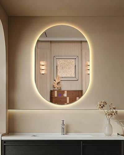 Irregular LED Bathroom Mirror 32"x22" Dimmable Anti Fog | Oval Shape, Shatterproof tempered glass, 3 color temps (3000K-6000K), stepless dimming, Mount vertical or horizontal - size: 32"L x 22"W