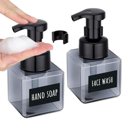 Segbeauty Square Foaming Soap Dispenser Bathroom, 2pcs 8.5oz Gray Foam Soap Dispenser for Kitchen Sink, 250ml Small Plastic Foam Bottle with Waterproof Labels, Foaming Bottle Set for Shampoo Face Wash - color: Gray, style: 2pcs 8.5oz