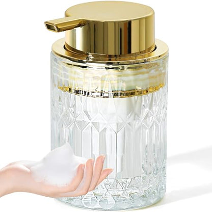 RYTOXILO Foaming Soap Dispenser, Gold Glass Foam Hand Soap Dispenser for Bathroom, Refillable 7.8 Fl Oz Foamy Pump Bottle with Plastic Golden Pump, Modern Dish Soap Foam Dispenser Container - color: Clear Bottle+ Gold Pump