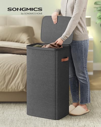 SONGMICS Laundry Basket, 26.4 Gal. Laundry Hamper, Easy Assembly, with Lid and Handles, Removable Liner, 16.5 x 12.6 x 29.5 Inches, Ink Black ULCB811BH01 - color: Ink Black, size: 100 L (1-Section)