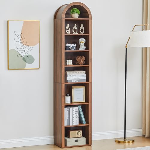 Tall Narrow Arched Bookshelf, 8-Tier Skinny Arch Bookcase for Small Space, Freestanding Storage Organizer with Adjustable Shelves, Open Display Shelves for Living Room, Entryway (Walnut) - color: Walnut, size: 11.8"D x 15.75"W x 71"H