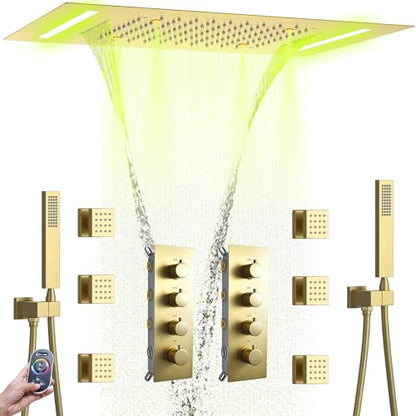 AYIVG Thermostatic Full Body Rainfall Shower System Dual 3 Way Diverter Valve 6 Function Ceiling Mount 14x20" ShowerHeads With 6 Jets 2 Handheld Shower Set (Brushed Gold) - color: Brushed Gold
