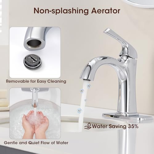 Polished Chrome Single Hole Bathroom Faucet, Single Handle Brass Bathroom Sink Faucet, Lavatory Vanity Faucet for 1 or 3 Holes, Bathroom Faucets with Pop Up Drain and Supply Lines, Deck Plate - color: A-Polished Chrome