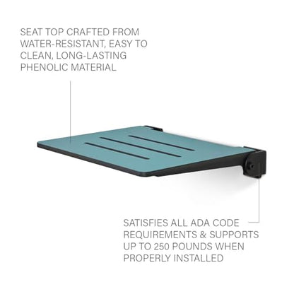 18 inch Silhouette Slimline Folding Wall Mount Shower Bench Seat, Teal Seat with Matte Black Frame - color: Teal Seat With Matte Black Frame