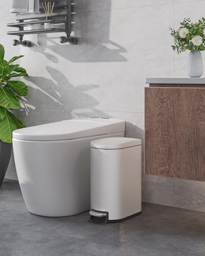 GarveeHome 2.6 Gallon Bathroom Trash Can, Space-Saving Slim Stainless Steel Step-On Garbage Bin with Soft Close Lid, Removable Inner Bucket for Bathroom & Bedroom, White - color: White, size: 2.6 Gallon