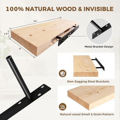 Solid Wood Floating Shelves, 24 Inch Wall Shelves, Set of 2, Wood | 8 Inch Deep, 1.6 Inch Thick, Extra-Wide Display Space, Mounting Hardware Included, For Kitchen, Bathroom and Living Room - color: Wood, size: 24x8x1.6
