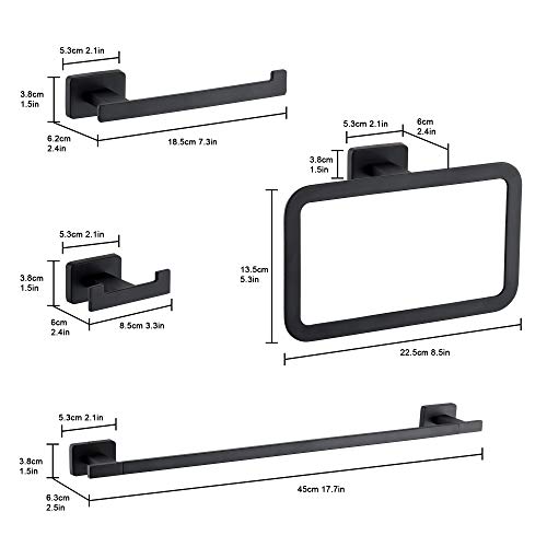 4 Piece Bathroom Hardware Accessories Set,Matt Black Stainless Steel Towel Bar Sets Wall Mounted - Includes 18" Towel Bar, Square Towel Ring, Toilet Paper Holder, Robe Towel Hook - color: Black, size: 18 inches