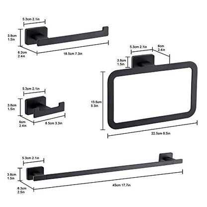 4 Piece Bathroom Hardware Accessories Set,Matt Black Stainless Steel Towel Bar Sets Wall Mounted - Includes 18" Towel Bar, Square Towel Ring, Toilet Paper Holder, Robe Towel Hook - color: Black, size: 18 inches