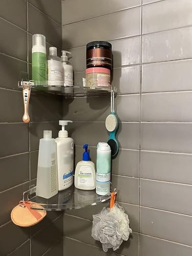 JiePai Adhesive Acrylic Corner Shower Caddy 2 Pack, Rustproof Bath Shelf | Thick clear acrylic, rustproof & mildew resistant. No-drill adhesive mount for corner. For shower, kitchen or bathroom