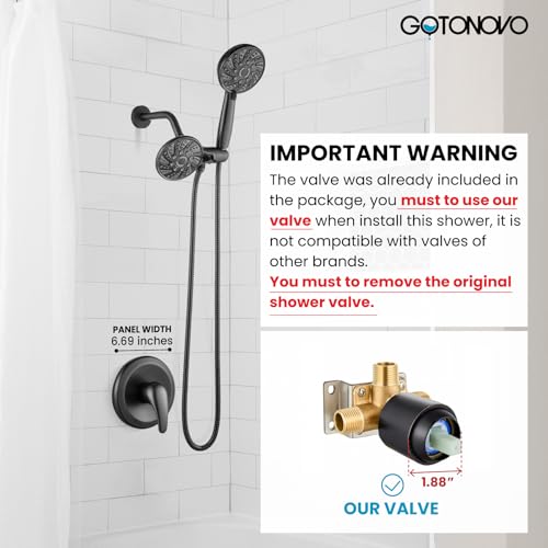 gotonovo Dual Shower Head Kit with Valve 6 Mode Handheld Oil Rubbed Bronze | 6 Mode ABS Rain Head 6 Mode ABS Handheld Spray 2 in 1 Bathroom Trim Kit Pressure Balance Valve Shower Head and Handle Set - color: Bronze