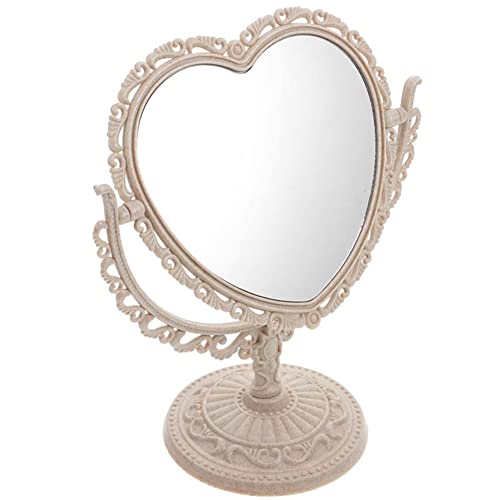 AKOAK Heart-Shaped Cosmetic Mirror - Plastic, Double-Sided, Rotatable, Lightweight Tabletop Makeup Mirror for Bathroom & Bedroom (Beige) | Plastic, Double-Sided, Rotatable, Lightweight Tabletop - color: Beige