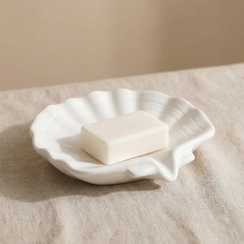Ceramic Soap Holder, Sea-Shell Soap Tray with Self Draining, Soap Tray for Sink Washroom Bathroom Shower, Small Cute and Elegant Holder with Glaze, Easy Cleaning (White) - color: White