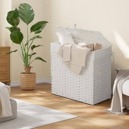 Greenstell Laundry Hamper with Lid, 125L Wicker Laundry Baskets with 2 Removable Liner Bags & 5 Mesh Laundry Bags, Handwoven Rattan Clothes Hamper with Handles for Clothes in Bathroom, Bedroom - color: Light White