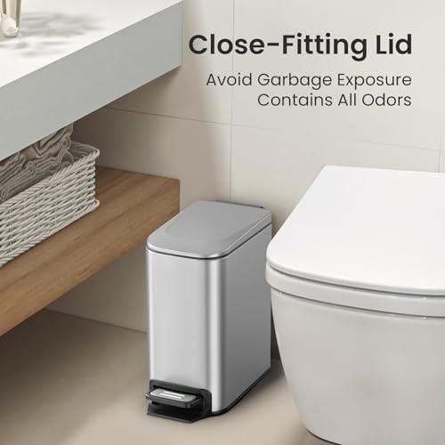 Cesun Small Bathroom Trash Can with Lid, 1.6 Gal, Soft Close, Sliver | Step pedal soft close, Slim 5.9in fits narrow spaces, Stainless steel, Anti-fingerprint, Removable inner bucket, Odor seal - color: Silver