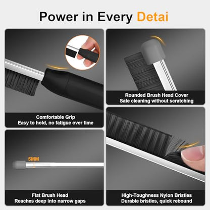 Crevice Cleaning Brush 3 Pack, Stainless Steel Bristle Support Rod, Rust-Resistant & Durable, Rounded Protective Head, Stiff Bristles for Tile Grout, Bathroom Gaps & Window Groove Brushes