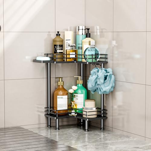 HapiRm Corner Shower Caddy Standing - 2 Tier Shower Organizer Corner with Soap Holder, Rustproof Bathroom Standing Organizer with 2 Hooks, Black - color: Black, size: 2-tier