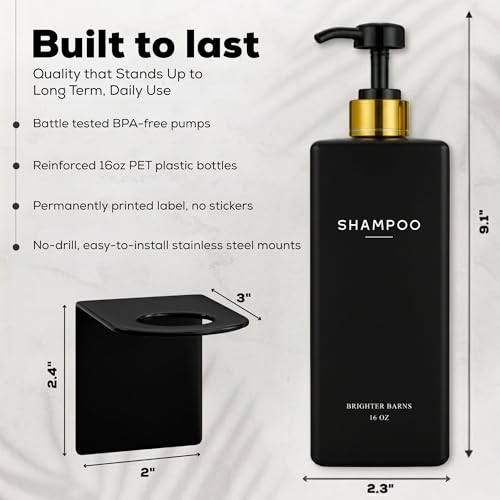 Black Shampoo and Conditioner Dispenser Set Wall Mounted by Brighter Barns - Shampoo Conditioner Body Wash Dispensers 3 Chamber No Drill - Refillable Shower Bottles for Guest Bathroom, Airbnb (Black) - color: Black