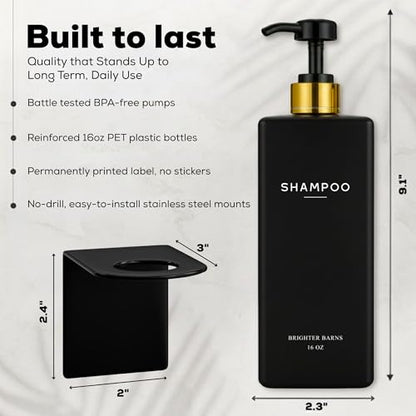 Black Shampoo and Conditioner Dispenser Set Wall Mounted by Brighter Barns - Shampoo Conditioner Body Wash Dispensers 3 Chamber No Drill - Refillable Shower Bottles for Guest Bathroom, Airbnb (Black) - color: Black