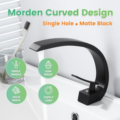 Modern Matte Black Bathroom Sink Faucet, Single Hole with Deck Plate | Premium Solid Brass, NSF Certified, Single Handle, Fits 1 or 3 Hole with Supply Lines, for RV, Farmhouse & Commercia - color: Black