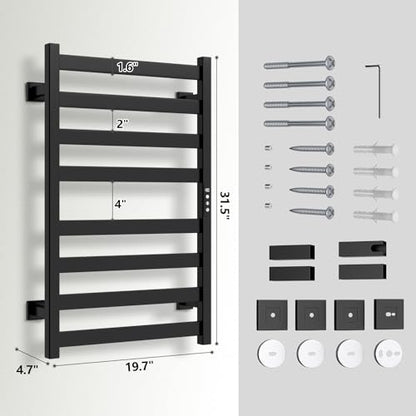 Towel Warmer, Towel Heater Rack for Bathroom, 8-bar Electric Towel Dryer Wall-Mounted Plug-in Bath Heater, 201 Stainless Steel Hot Towel Rack with Timer and Smart Temperature Control - color: Black