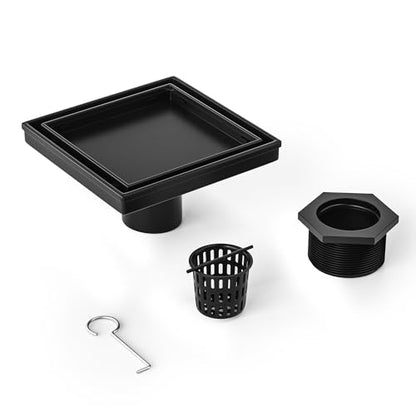 Square Shower Drain, 304 Stainless Steel Floor Drain 6" | with Tiled Insert Grate & Hair Strainer, Bathroom 2-in-1 Tiled in Drain, CUPC Certified - color: Matte Black, size: 6''