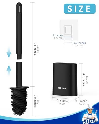 MR.SIGA Toilet Brush and Holder Set, Wall Mounted Toilet Bowl Brush, Black | Space saving design, flexible thermoplastic rubber bristles, easily cleans hard to reach areas, pack of 2 - color: Black