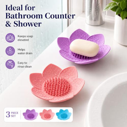 3Pcs Lotus Flower Soap Dishes with Drainage, Silicone Soap Holder for Shower, Self-Draining Bar Soap Tray for Bathroom Counter, Kitchen Sink & Bathtub, Soap Saver, Easy Dry