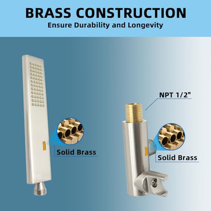 Solid Brass Handheld Shower Head Arc Design High Pressure Brushed Nickel Hand Shower Wand with Adjustable Supply Elbow Wall Connector Shower Holder and 59″ Stainless Steel Hose Set - color: Brushed Nickel