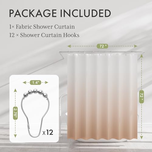AmazerBath Fabric Shower Curtain, Cloth Khaki Shower Curtain Set with 12 Hooks, Washable Fabric Ombre Khaki and White Shower Curtain, Rustic Modern Bathroom Shower Curtain, 72x72 Inches - color: A- Khaki Ombre +12 Metal Hooks, size: 72"W x 72"L (Pack of 1