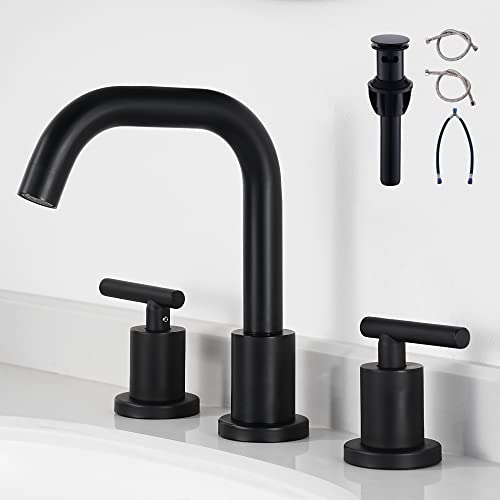 Black Bathroom Faucet 3 Holes - Two Handles Widespread 8 inch Bathroom Sink Faucet 3 Pieces Basin Faucets 360 Degree Swivel Spout Vanity Sink Faucet with Drain & Supply Hoses - color: Matte Black