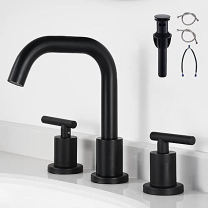 Black Bathroom Faucet 3 Holes - Two Handles Widespread 8 inch Bathroom Sink Faucet 3 Pieces Basin Faucets 360 Degree Swivel Spout Vanity Sink Faucet with Drain & Supply Hoses - color: Matte Black