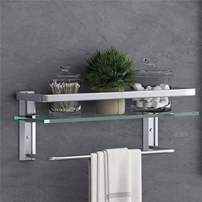 Glass Shelf with Towel Bar 15.7in Silver Bathroom Shelf Wall Mount Rustproof Bathroom Wall Organizer 1 Tier (Silver) - style: 1 tier with towel bar silver