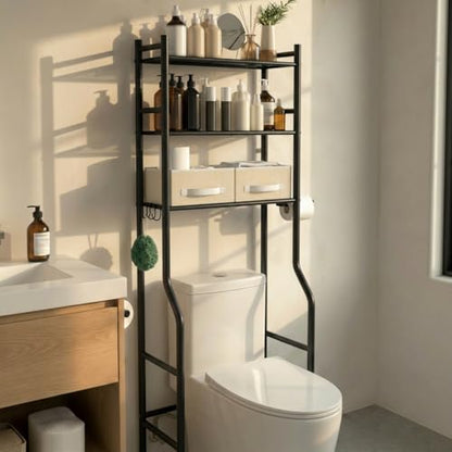 GloTika 3-Tier Over Toilet Storage, Anti-Tilt, 64" H, Black, 2 Baskets | Anti-Tilt Safety System, 150lb Capacity, Carbon Steel, Freestanding, No Drilling, Anti-Rust Coating, Paper Holder & 4 Hooks - color: Black-with 2 Basket, size: 3-Tier