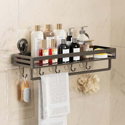 Suction Cup Shower Caddy with 5 Hooks & Towel Rrack 11.8inch Grey | No Drilling Shower Organizer with Large Capacity, Rust-resistant Bathroom Organizer, Heavy Duty Shower shelves for Bathroom - size: 11.8 inches