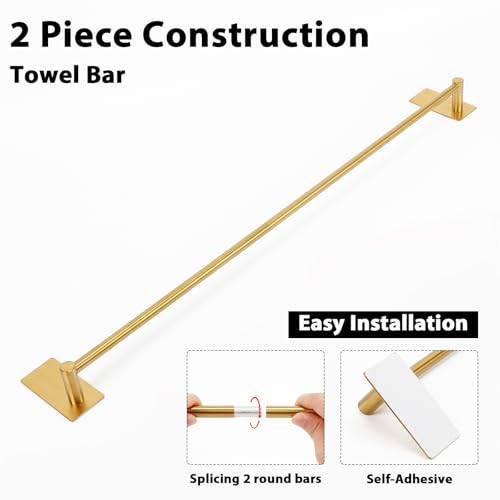 NearMoon Self Adhesive Bathroom Towel Bar- Stainless Steel Bath Wall Shelf Rack Hanging Towel Stick On Sticky Hanger Contemporary Style, NO Drilling (1 Pack, Brushed Gold, 27-Inch Towel Rack) - color: Brushed Gold, size: 27-Inch