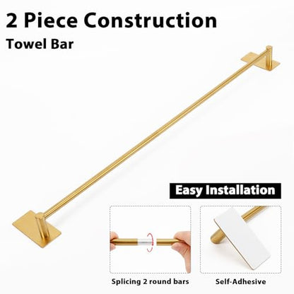 NearMoon Self Adhesive Bathroom Towel Bar- Stainless Steel Bath Wall Shelf Rack Hanging Towel Stick On Sticky Hanger Contemporary Style, NO Drilling (1 Pack, Brushed Gold, 27-Inch Towel Rack) - color: Brushed Gold, size: 27-Inch