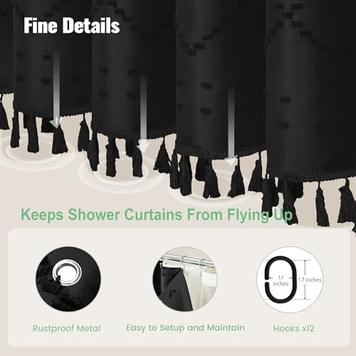 Black Boho Shower Curtain and Liner Set, Farmhouse Fabric Shower Curtain and Waterproof Clear Liner, Tufted Geometric Striped Textured Tassel Shower Curtains for Bathroom with 12 Hooks, 72x72 - color: Black, size: 72"W x 72"L (Pack of 1)
