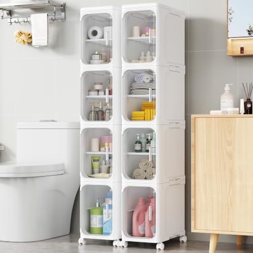 BROVIEW 8-Tier Narrow Storage Cabinet Organizer Slim Bathroom Cabinets, Adjustable Fridge & Vanity Gap Storage, White - color: White, size: 8-Tier-8.5"W