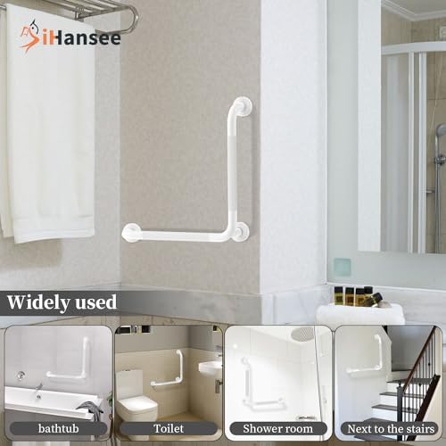 Angled Grab Bar - 16x16 Inch Stainless Steel Knurled Toilet Handles Wall Mounted Bathroom Handicap Safety Rails for Elderly Injured Balance Support, L-Shaped White Grab Bar for Shower | White Bathroom Grab Bar for Senior Elderly, Stainless Steel Handicap