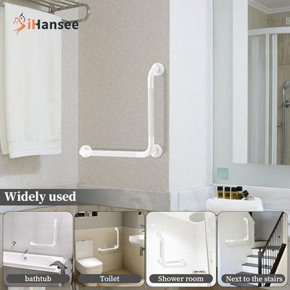 Angled Grab Bar - 16x16 Inch Stainless Steel Knurled Toilet Handles Wall Mounted Bathroom Handicap Safety Rails for Elderly Injured Balance Support, L-Shaped White Grab Bar for Shower | White Bathroom Grab Bar for Senior Elderly, Stainless Steel Handicap