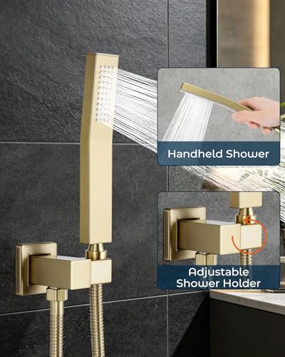 Rain Shower Faucet Set, 10" Top + 6" Side Head, Brushed Gold | 3-head set w/ valve, SUS304 anti-freeze, 6 spray modes, self-clean nozzles - color: Brush Gold, style: 10''-Ceiling Mount+6" Shower Head