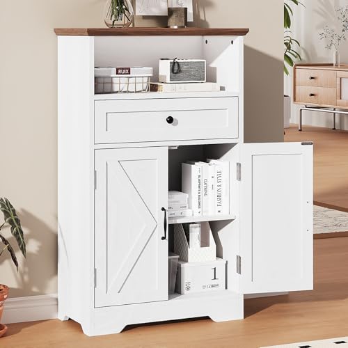 Floor Cabinet, Farmhouse Storage Cabinet with Barn Doors and Drawers White | 11.81" D x 23.62" W x 39.37" H Freestanding Adjustable Shelf Organizer for Bathroom, Kitchen, Living Room - color: White