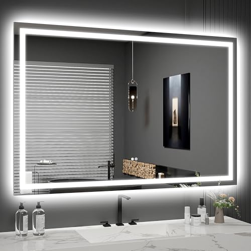 LED Mirror for Bathroom 60x40 Lighted Bathroom Vanity Mirrors with Lights, Brighter Frontlit and Backlit Anti-Fog Mirror, Tempered Glass, Dimmable 3 Colors Light Modes, Memory Function - size: 60"L x 40"W