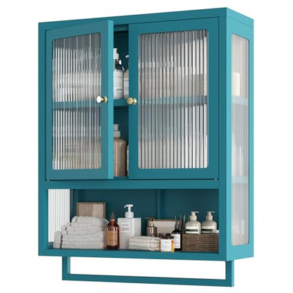 Bathroom Wall Cabinet with 2 Glass Door, Bathroom Medicine Cabinet with Towels Bar and Shelves, Over The Toilet Storage Cabinet, Metal Wall Mounted Cabinet for Kitchen (Blue) - color: Blue