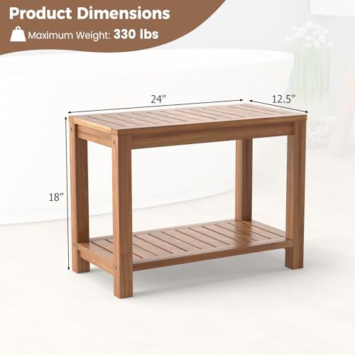 Giantex Teak Shower Bench with Shelf, 24 Inch Shower Stool with Slatted Seat for Elderly Seniors, Waterproof Bathroom Spa Bathing Seat Foot Rest Entryway Bench for Indoor and Outdoor Use - size: 24" x 12.5" x 18"