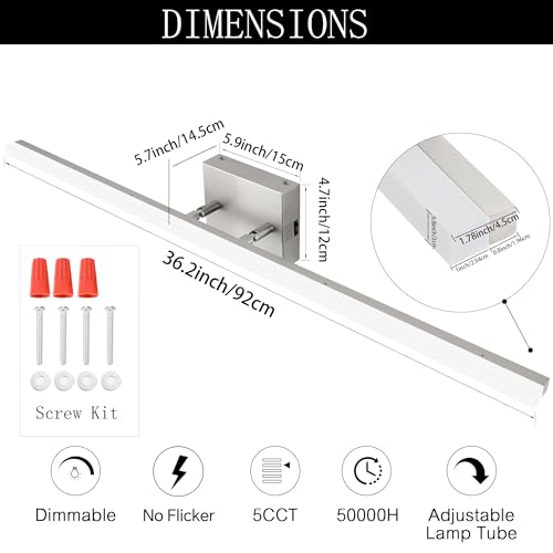 36 inch LED Modern Bathroom Vanity Lighting Fixtures Over Mirror, Brushed Nickel Adjustable Makeup Vanity Light Bar Dimmable 5CCT 36W 3000K-5000K - color: Nickel-36 Inch 5cct