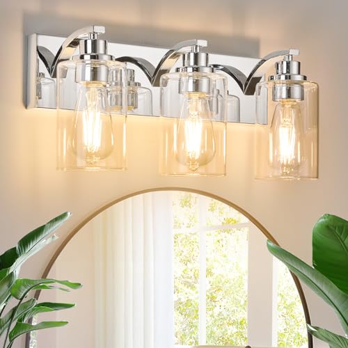 3-Light Bathroom Light Fixtures Modern Chrome Vanity Lights | Easy to Install Clear Glass Shades, Wall Mount Up or Down, E26 Socket, Hardwired, 126V - color: Chrome, size: 3 Lights