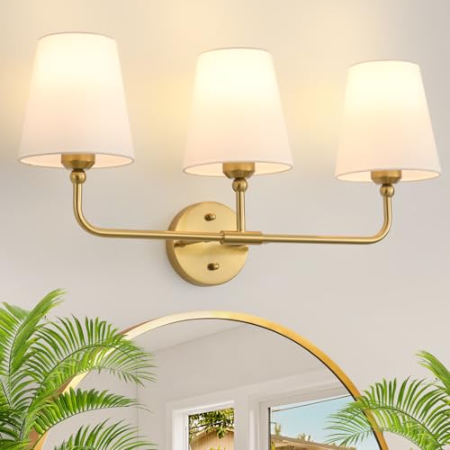 Bathroom Light Fixtures, 3-Light Brushed Gold Vanity Lights, 25" Bathroom Lighting Fixtures Over Mirror with White Flared Fabric Shade, Modern Wall Sconces for Bathroom Bedroom Living Room Hallway - color: Brushed Gold, size: 3-Light