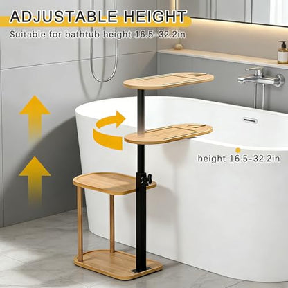 3-Tier Freestanding Bathtub Tray Table, Bamboo Swivel Bathtub Side Table with Height Adjustable Design, Standing Bath Tray for Tub Against Wall, Bathroom Organizer for Luxury Home Spa (Natural) - color: Natural