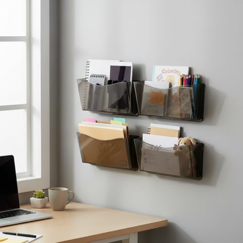 Azar Displays 250025-SMK Clear Plastic Wall Mount File Holder with Hanging Hardware, Smoke Colored, 4-Pack - color: BLACK SMK, style: Screw Mount